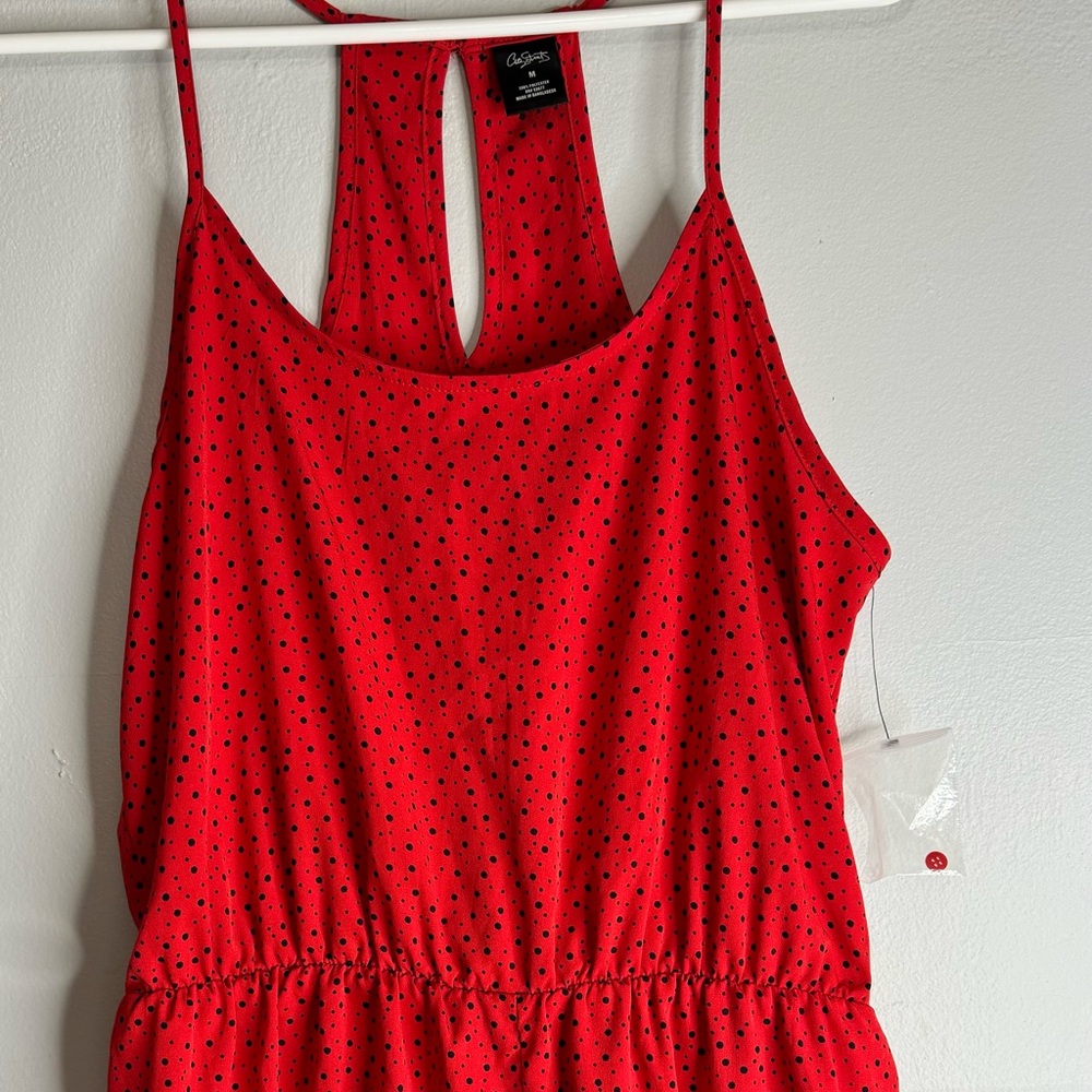 City Streets red and black polka dot junior size M romper, elastic waist.